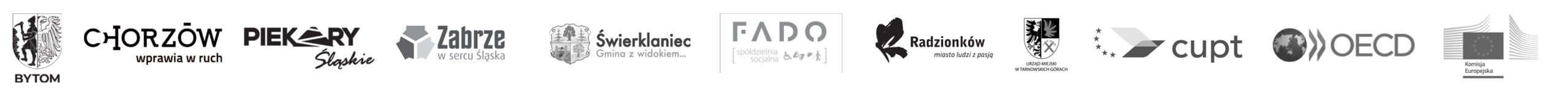 Grafika przedstawia serię czarno-białych logo lub herbów, ułożonych w rzędzie na białym tle: Bytomia, Chorzowa, Piekar Śląskich, Zabrza, Świerklańca, Spółdzielni Socjalnej FADO, Radzionkowa, Tarnowskich Gór, CUPT, OECD i Komisji Europejskiej. Każde logo lub herb ma unikalny kształt i zawiera tekst lub symbole. Niektóre z logo są bardziej złożone i szczegółowe, podczas gdy inne są prostsze i bardziej abstrakcyjne.